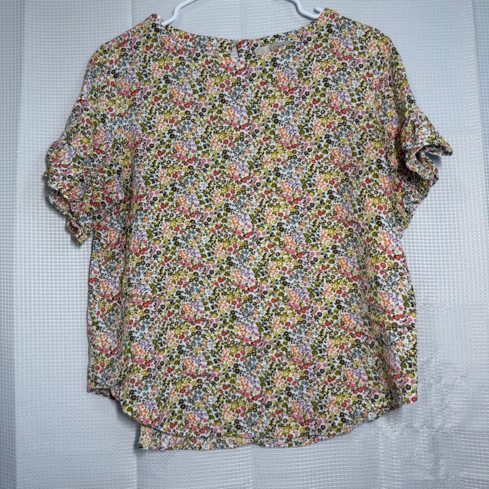 LOFT Floral Ruffle Sleeve Top Medium Multicolor Ditsy Print Rayon Blouse - Picture 1 of 4